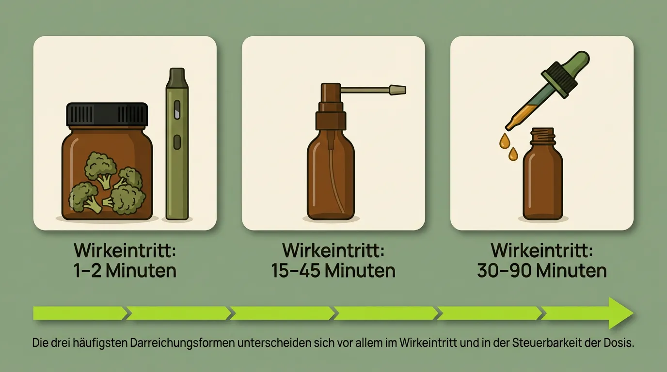 Übersicht der drei wichtigsten Darreichungsformen von medizinischem Cannabis: Blüten zur Inhalation, ölige Extrakte und Mundspray, mit Hinweis auf den unterschiedlichen Wirkeintritt.