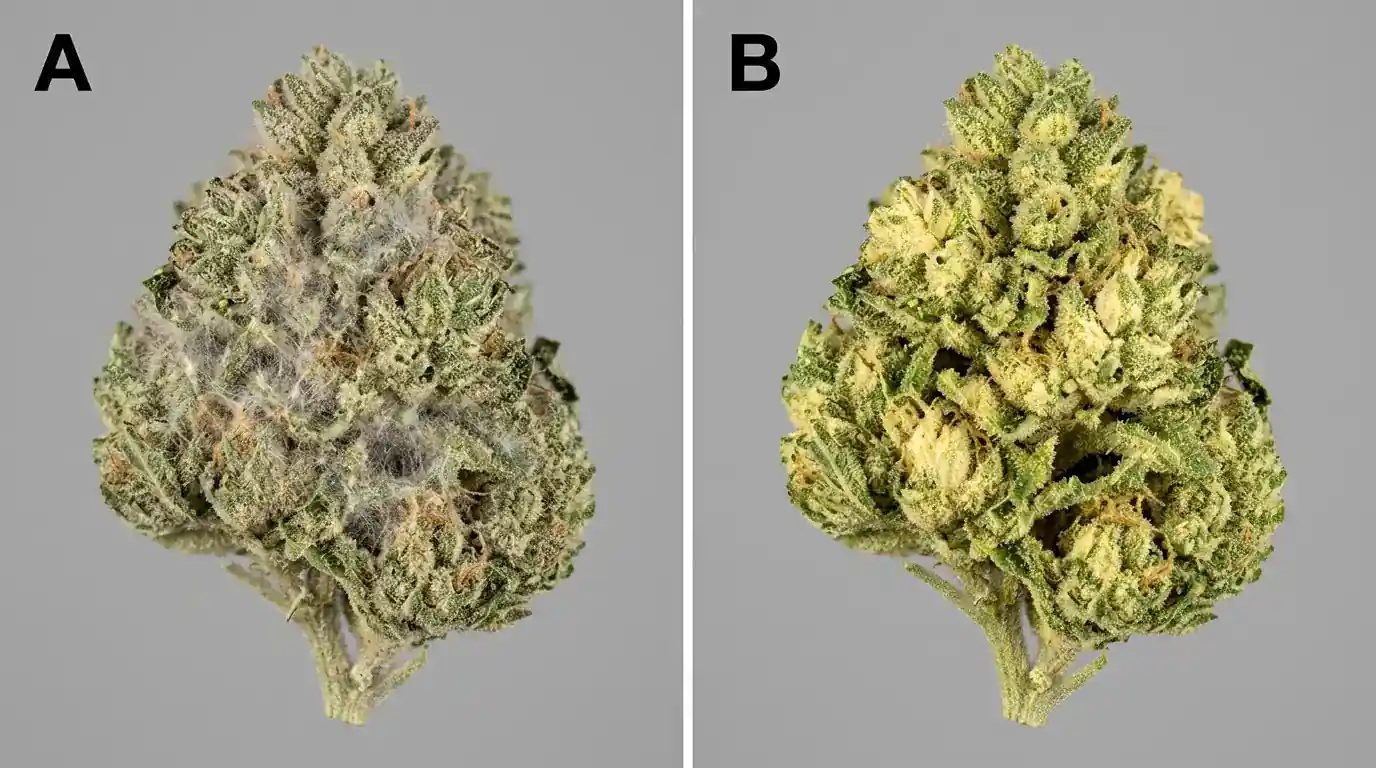 Vergleich zweier Cannabisblüten mit Schimmelbefall und Lichtbleiche