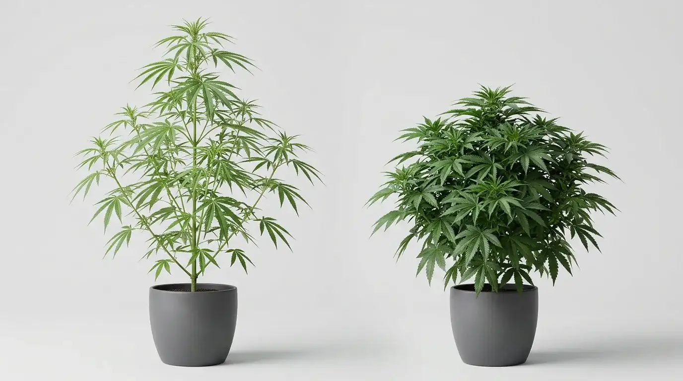 Vergleich zweier Cannabispflanzen: links hochwüchsiger schlanker Phänotyp, rechts kompakter buschiger Phänotyp