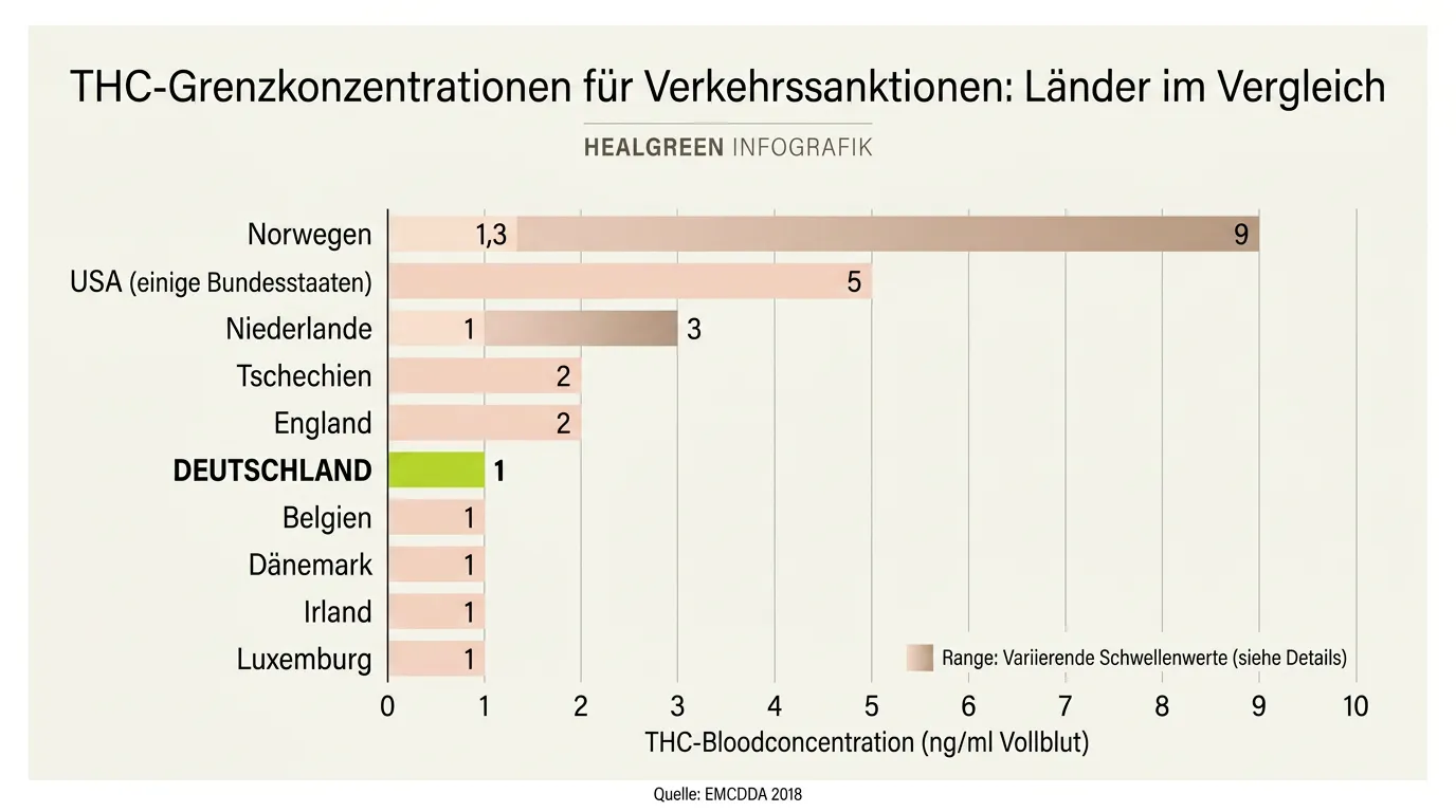 Vergleichstabelle der THC-Grenzwerte für Sanktionen in verschiedenen europäischen Ländern