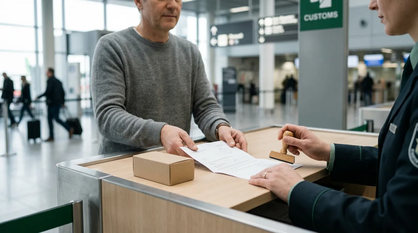 Reisende:r legt Reisebescheinigung und Apothekenverpackung am Zollschalter vor