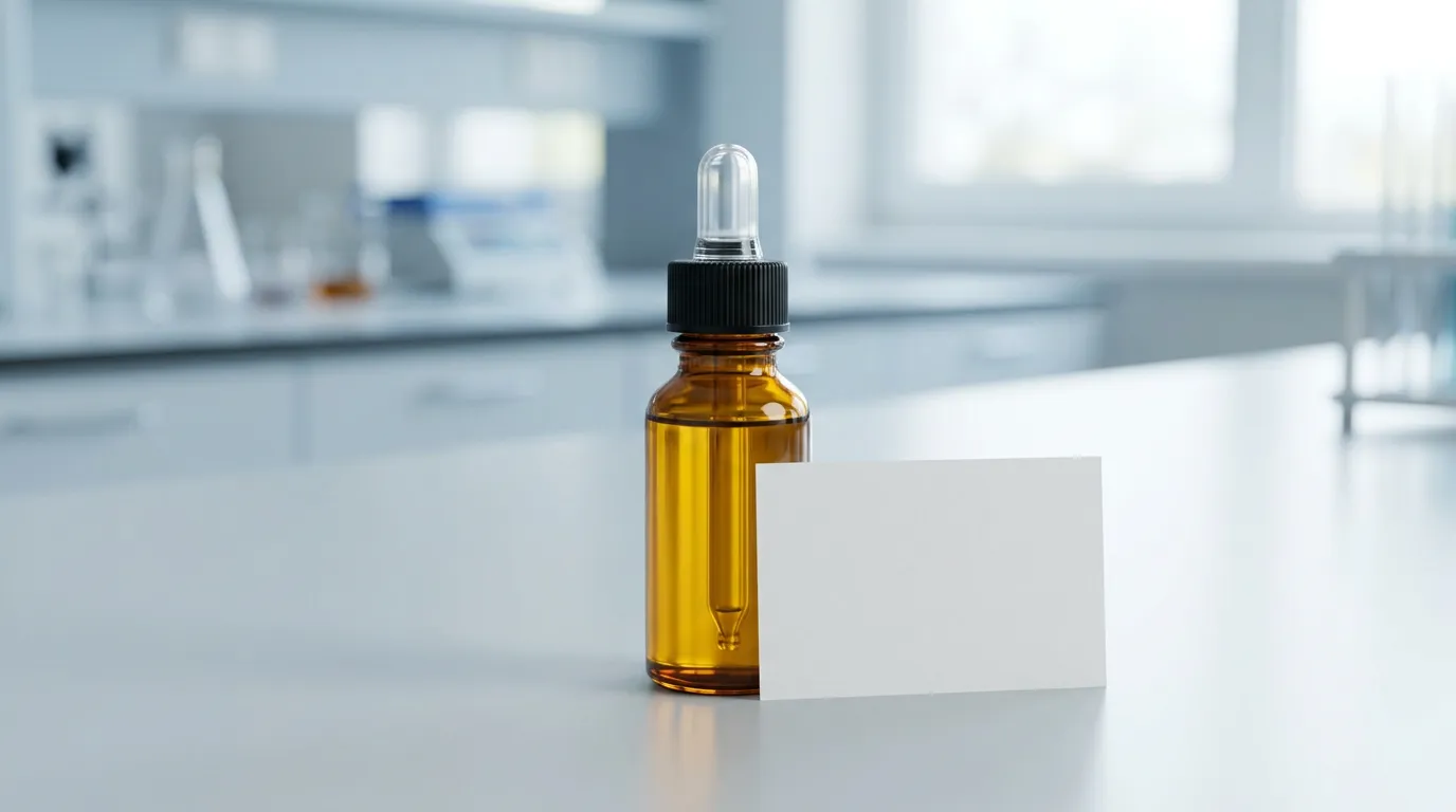 Braunglasflasche mit öligem Cannabisextrakt auf einer Laborarbeitsfläche