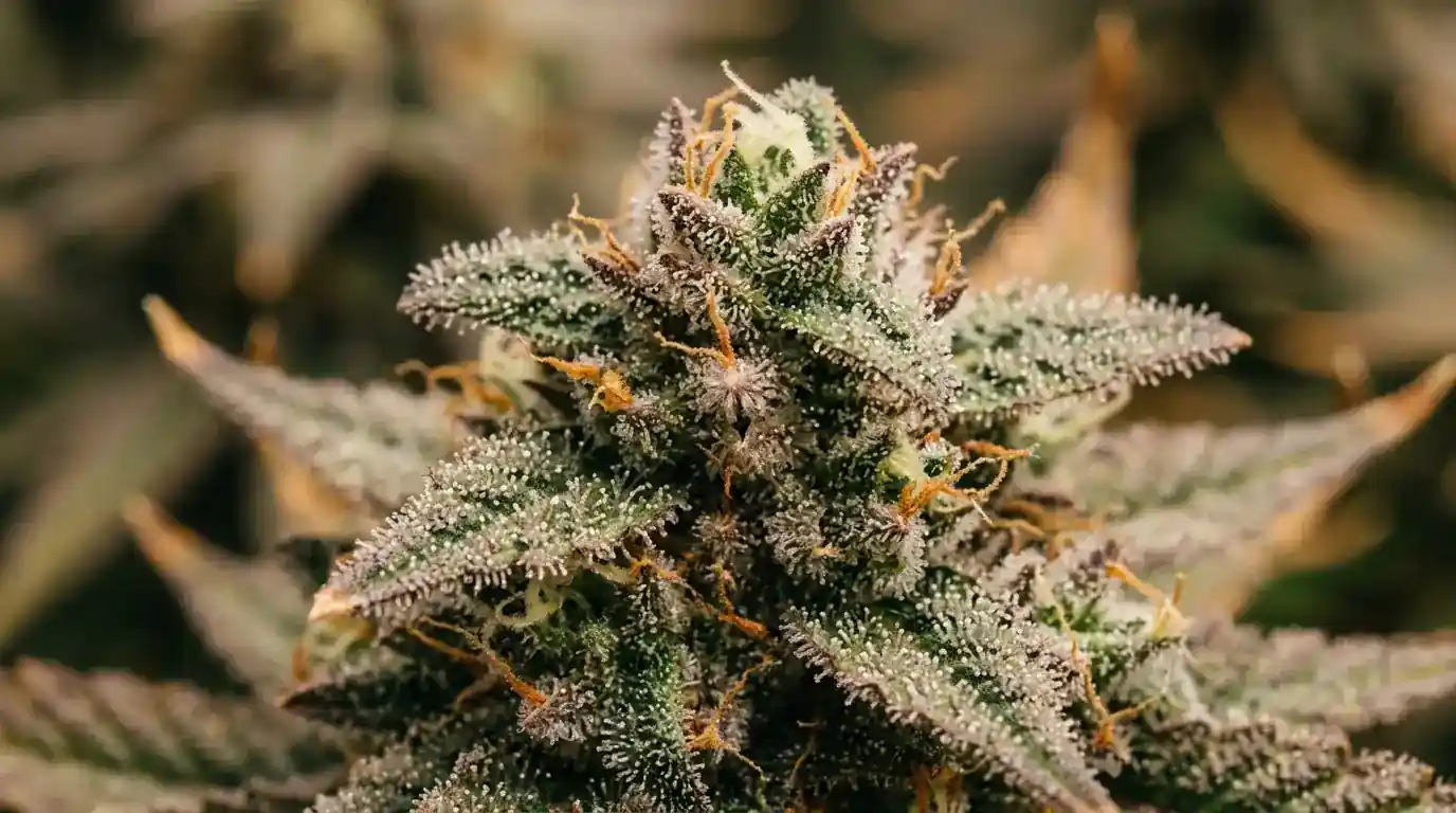 Nahaufnahme von Cannabis-Trichomen auf einer Blüte