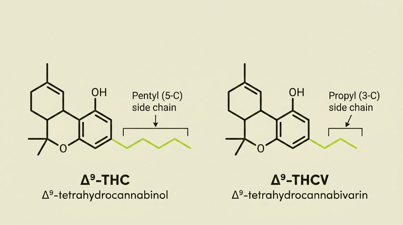 Vergleich der Strukturformeln von THC und THCV mit hervorgehobener Pentyl- und Propyl-Seitenkette